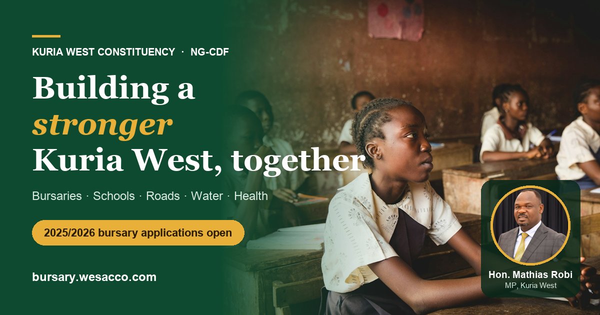 Building a stronger Kuria West, together: students learning in class with Hon. Mathias Robi, MP Kuria West. 2025/2026 bursary applications open.